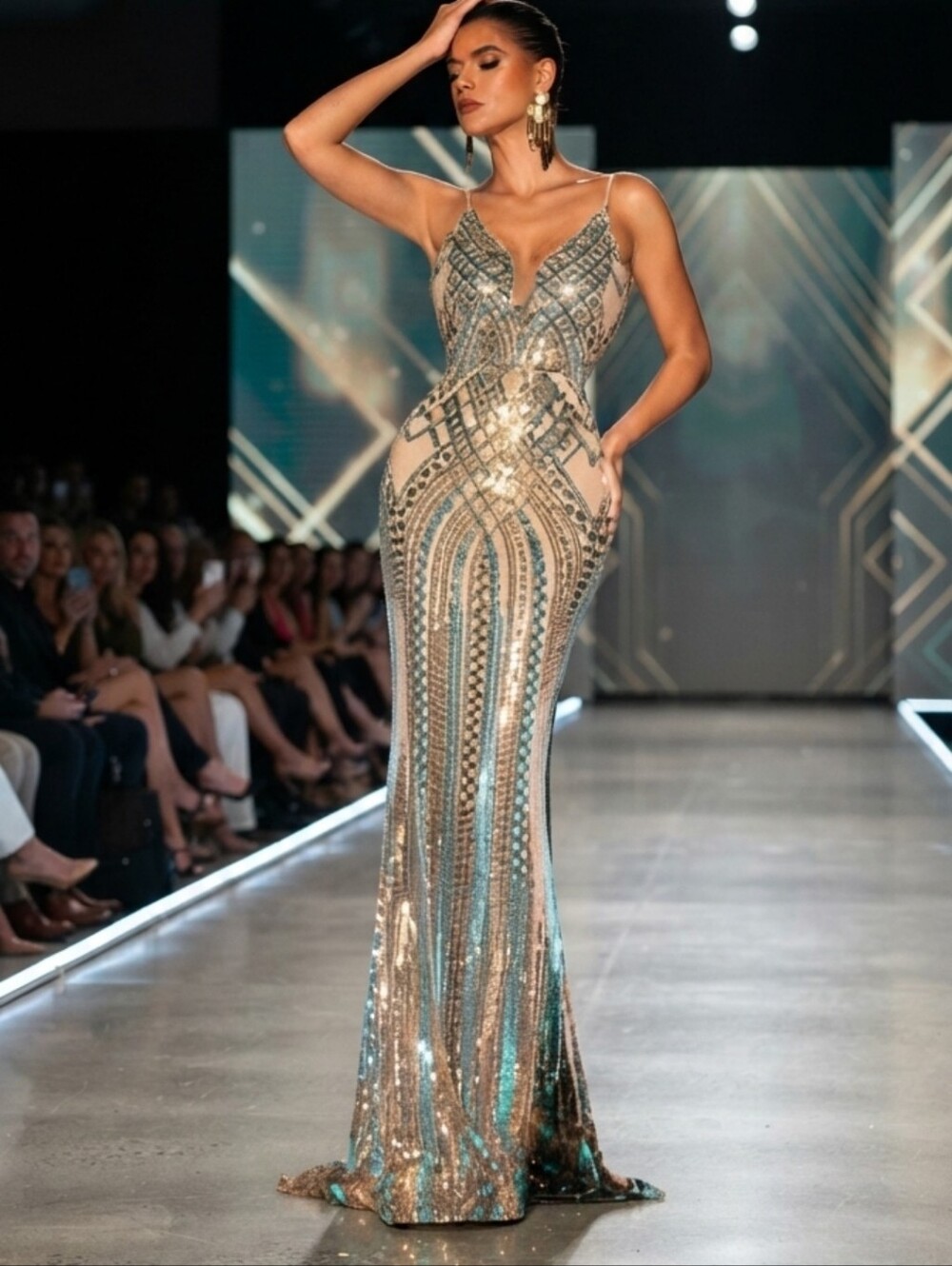 Elegant Sequin Mermaid Gown in Champagne and Teal